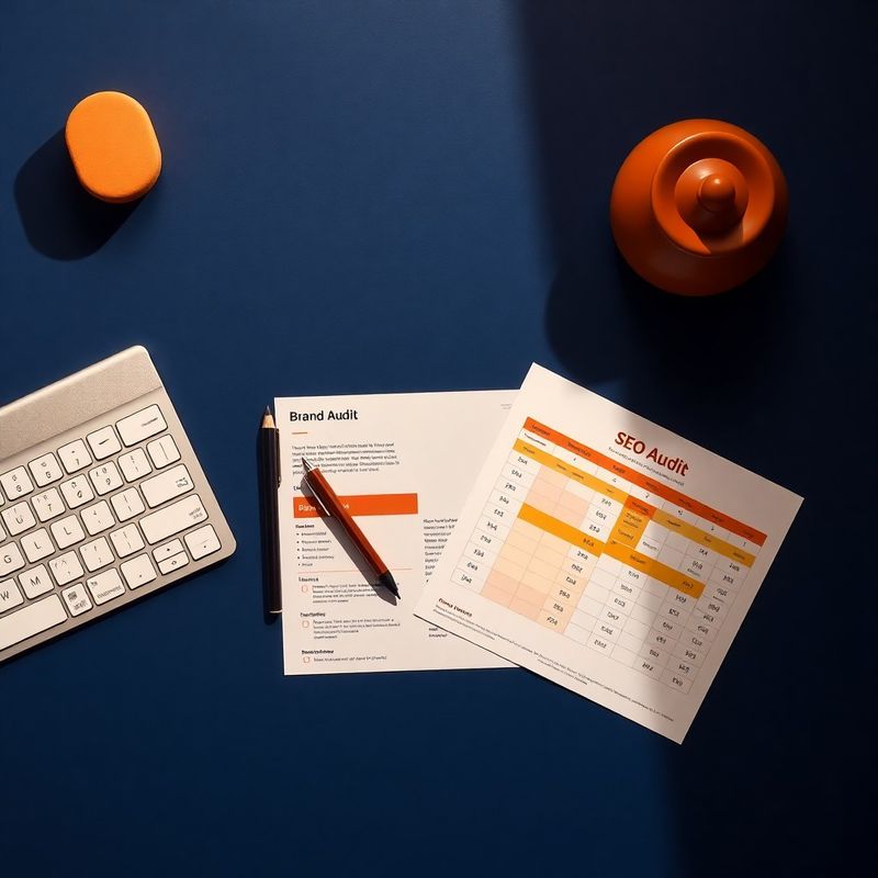 Flat lay di strumenti di agenzia digitale su superficie indigo