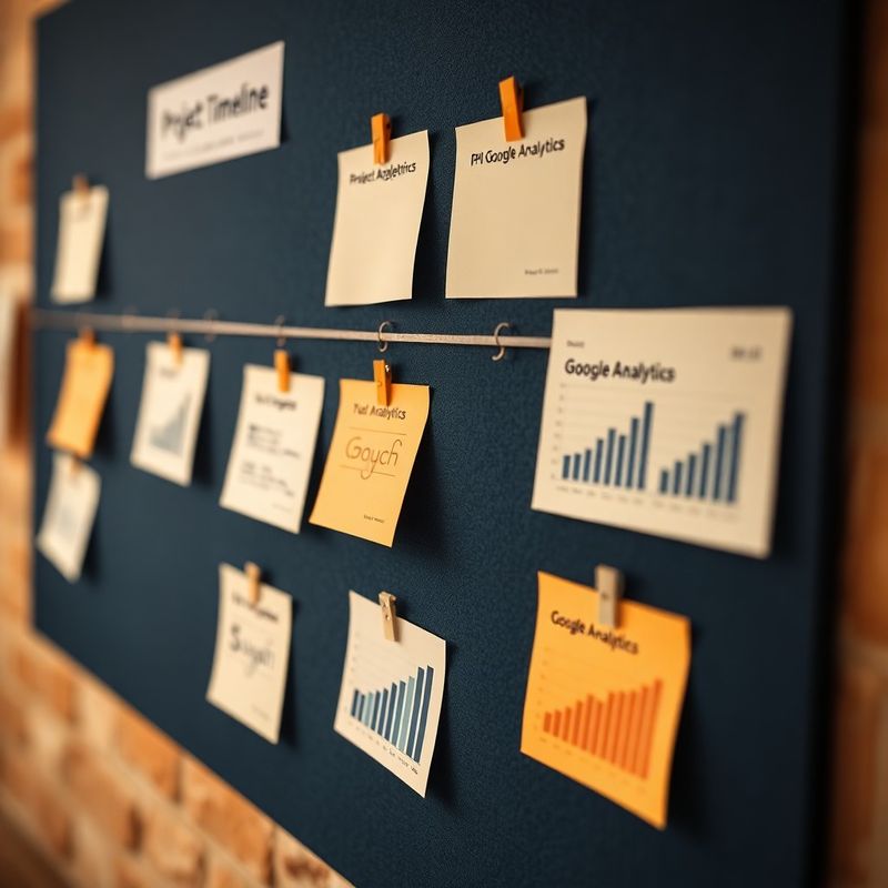 Timeline di progetto con sticky notes e grafici Google Analytics
